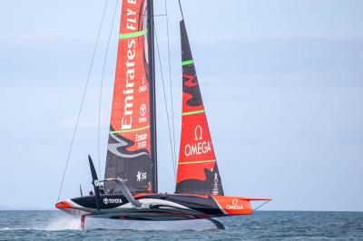 Emirates Team New Zealand Boat Te Aihe flying through the water